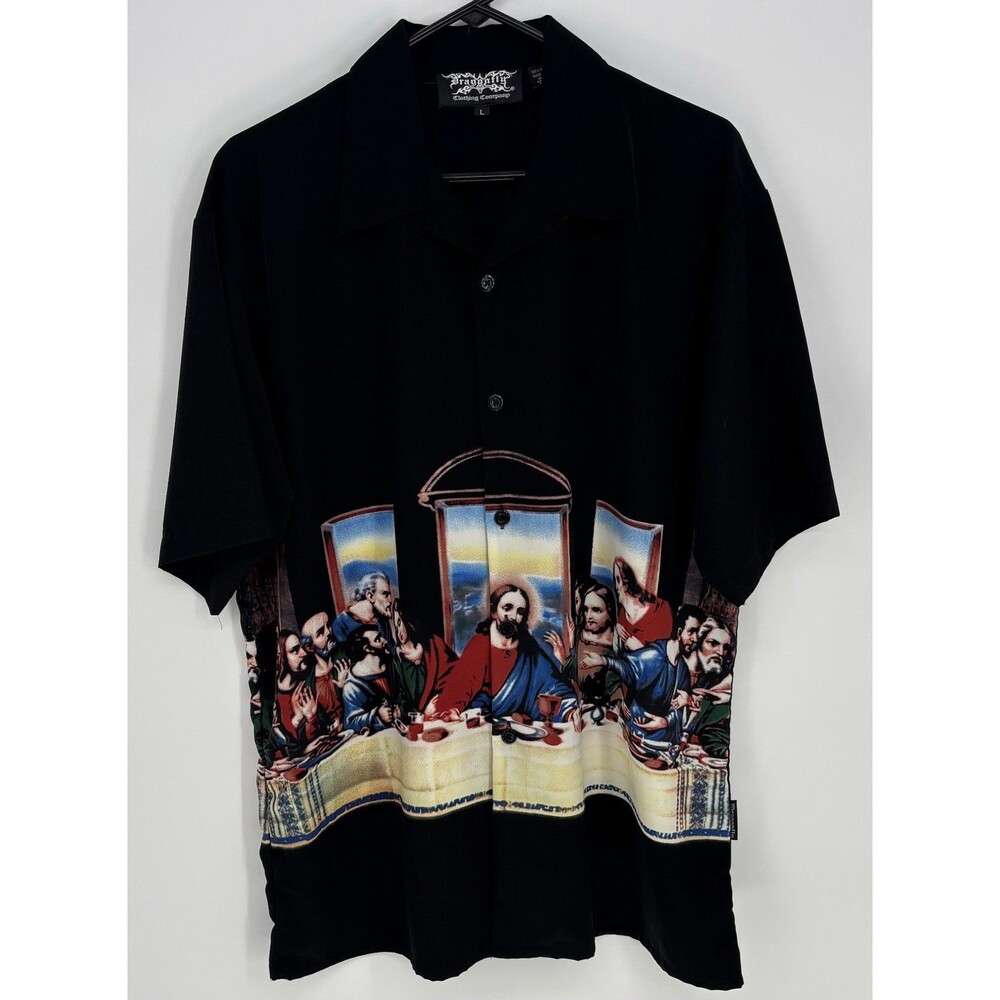 Vintage Y2K Dragonfly Last Supper Jesus Shirt Men’s L Black Button Up NWOT